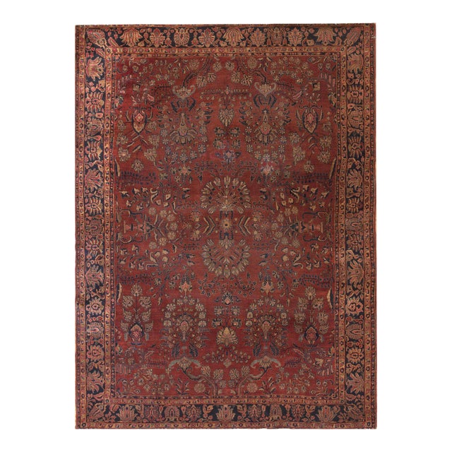 1920s Red Rust Field Shah Abbas Floral Antique Sarouk Knotted Wool Carpet Rug For Sale