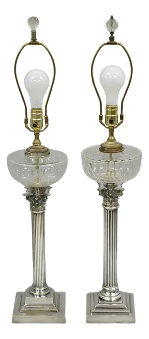 Early 20th Century French Empire English Silver Plated Corinthian Column Table Lamp - Set of 2