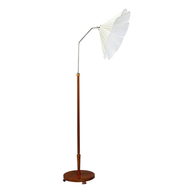 Swedish Art Deco, Floor Lamp, Wood, Metal, Silk, Sweden, 1930s For Sale