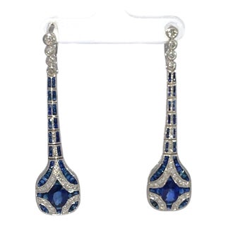 1960s Pair of Art Deco Sapphire and Diamond Drop Earrings For Sale