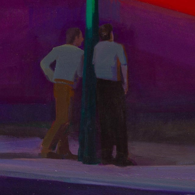 Break by Hiroshi Sato | Oil on canvas Two figures standing near a brightly colored wall. For Sale - Image 4 of 5