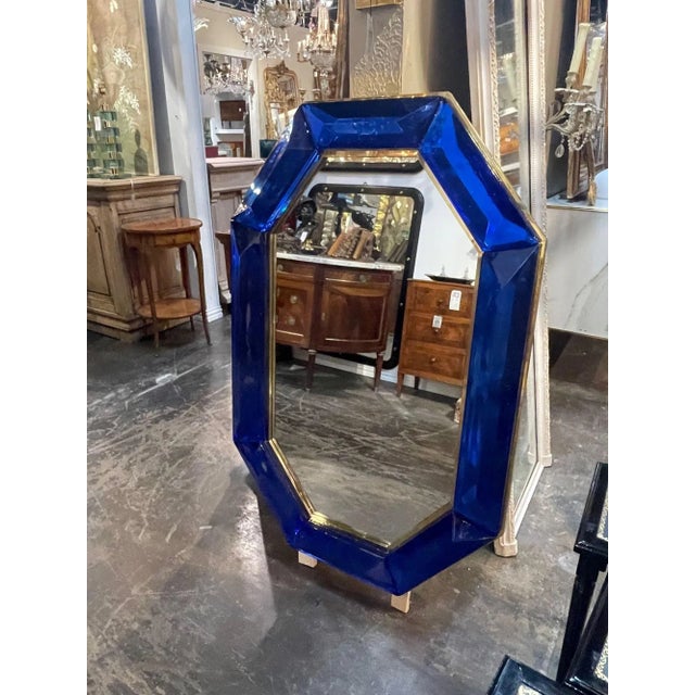 Modern Heavy Cobalt Blue Murano Glass and Brass Octagonal Mirror For Sale In Dallas - Image 6 of 8