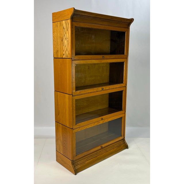 American Antique Gunn Furniture Co. Attributed 4-Stack Oak Barrister Bookcase With Original Wavy Glass For Sale - Image 3 of 10
