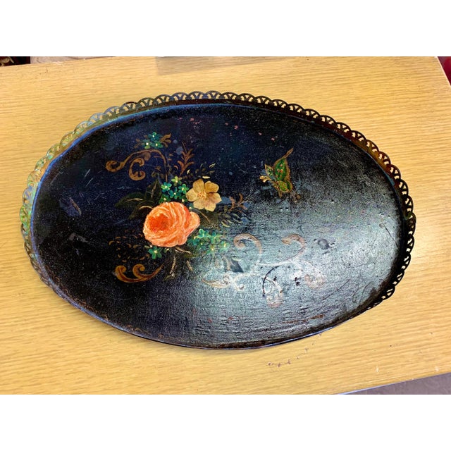 Victorian Antique Toleware Black Tray With Painted Rose For Sale - Image 3 of 5