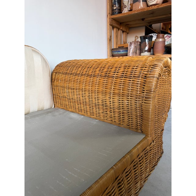 1970s Vintage Coastal Organic - Rattan Sofa With Rolled Arms & Striped Cushions For Sale - Image 16 of 18