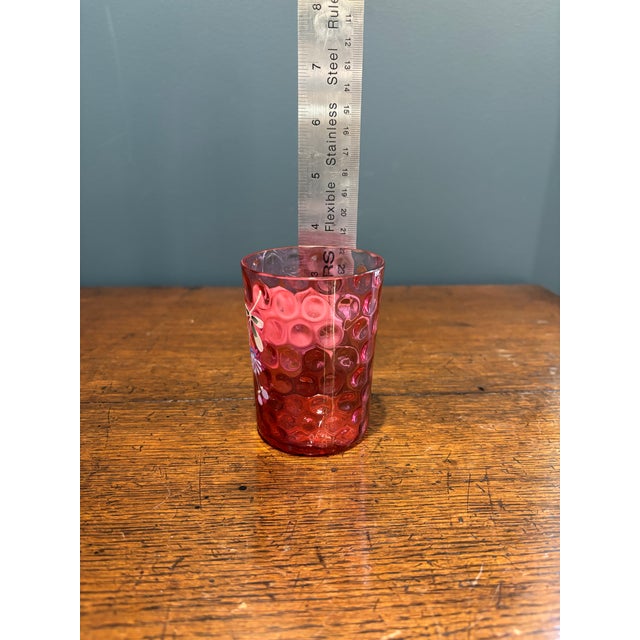 Raspberry Red Antique Cranberry Glass Inverted Thumbprint Tumbler Hand Painted Winter Scene Mint- Mary Gregory Style For Sale - Image 8 of 9