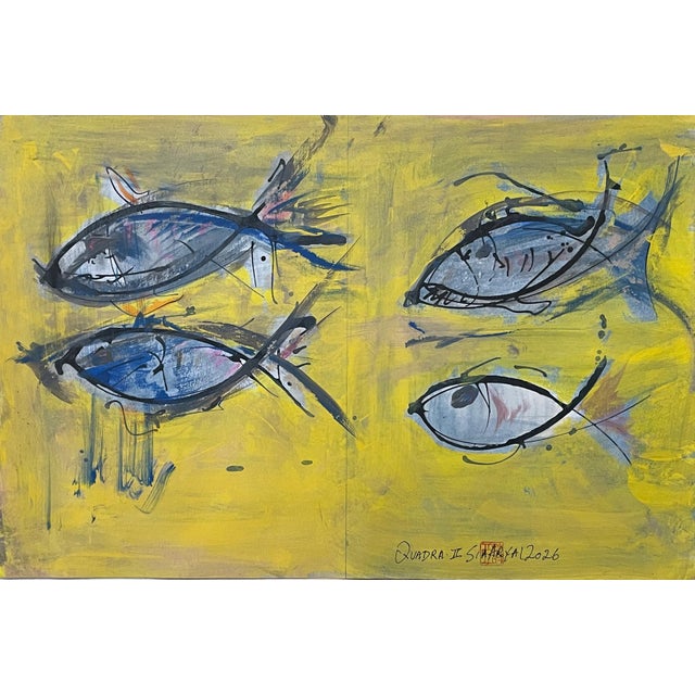 An original surrealist abstract painting depicting four fish swimming through a vibrant, colorful background. Created on...