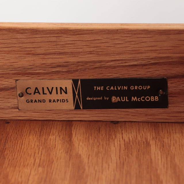 Brass A Paul McCobb for Calvin Irwin Upholstered King Size Bed Teak Headboard With Brass Trim and Two Floating Drawers, Labeled in Drawer. For Sale - Image 8 of 9