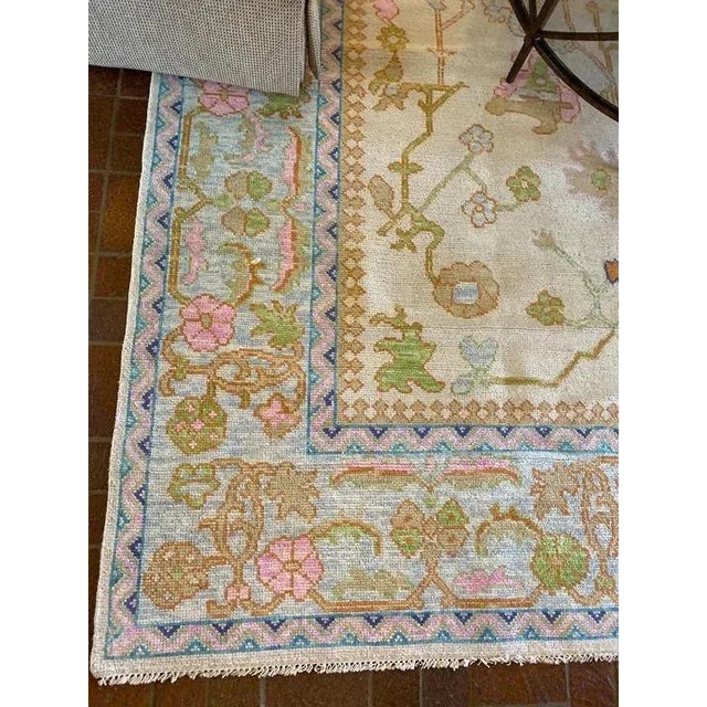Textile Modern Handknotted Oushak Rug in Bold Pink, Green & Orange with Blue Border, 8' x 10' For Sale - Image 7 of 11