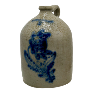 Outstanding Antique Mid 19th Century American Blue Flower Decorated 2 Gallon New York Stoneware Jug