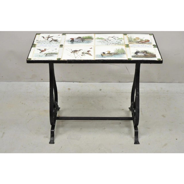 Art Nouveau Antique Art Nouveau Wrought Iron Small Side Table With Duck Geese Tile Top For Sale - Image 3 of 10