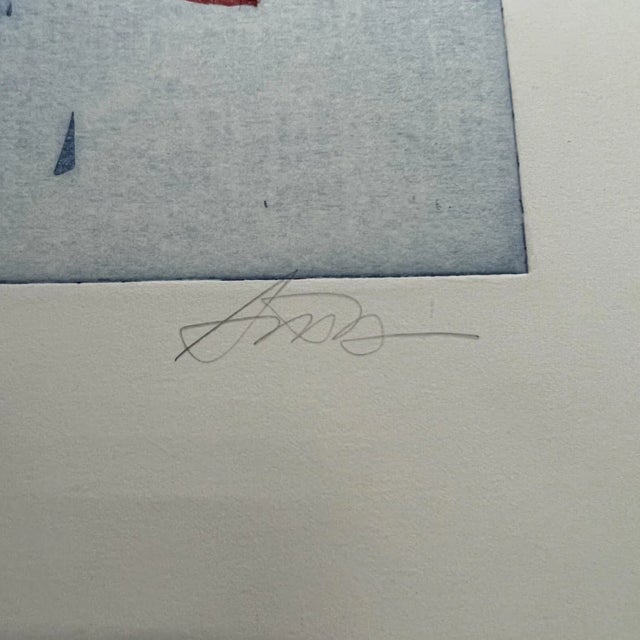 AMBIANIC presents Abstract Modern Blue Geometric Artwork signed by artist 13.25 x 19.25 art 9 x 11.75 Preowned vintage...