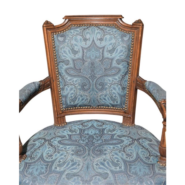 Mid 20th Century Pair of French Louis XVI–Style Walnut Fauteuil Armchairs For Sale - Image 4 of 5
