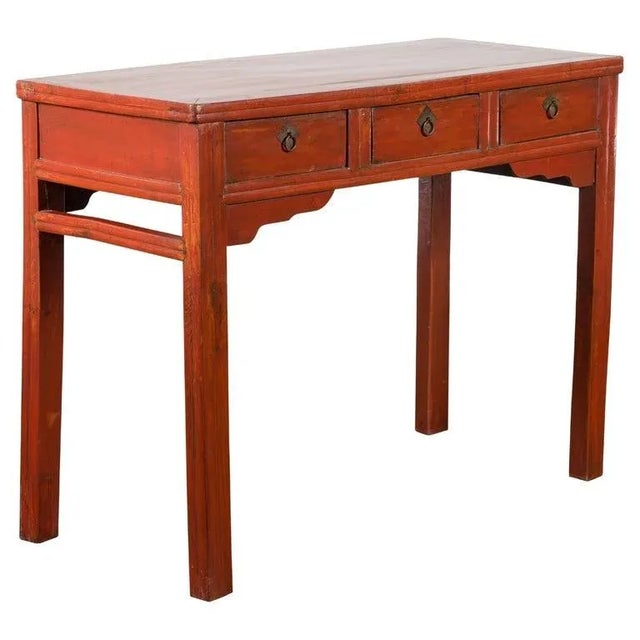19th Century Chinese Qing Dynasty Red Orange Lacquered Table with Three Drawers For Sale - Image 13 of 13