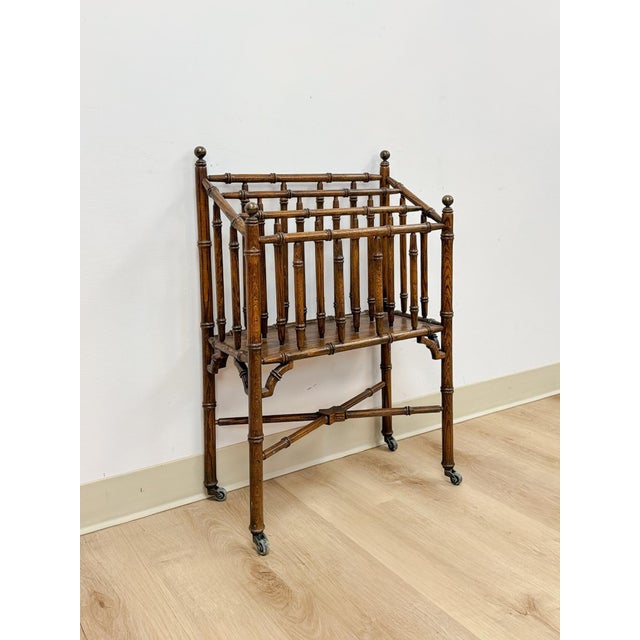 Ornamental & Decorative Materials Vintage Magazine Rack English Canterbury Dark Faux Bamboo Wheels Rare Find For Sale - Image 7 of 10