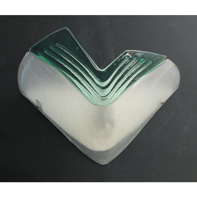 Vintage Italian wall light with triangular Murano glass shade in frosted white and green color with ribbing / Made in...