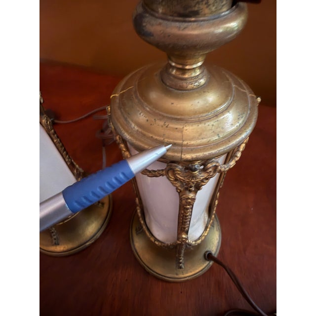 Pair of Vintage French Empire Brass & Milk Glass Table Lamps 12" X 4.5" Ca. 1950 For Sale - Image 17 of 18