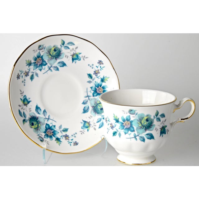 Mid-Century Blue Rose Cups & Saucers, Set of 6 For Sale - Image 4 of 9