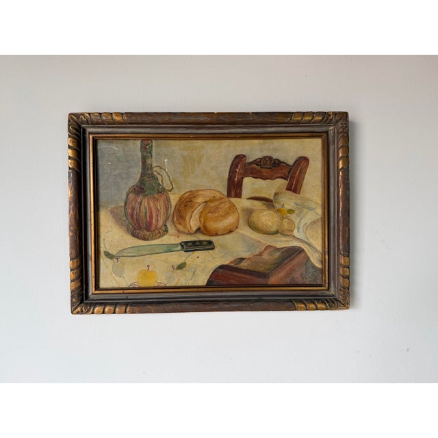 French Country 1949 Vintage Still Life Kitchen Setting Oil on Board Painting, Wood Framed For Sale - Image 3 of 12