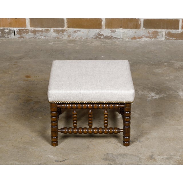 Victorian 19th Century English Turned Bobbin Legs Stool with Linen Upholstery For Sale - Image 3 of 10