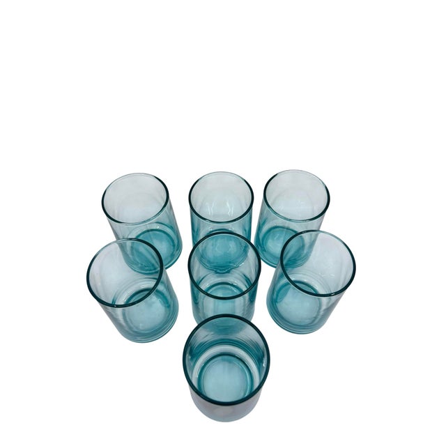 Vintage Turquoise Glass Blue Small Juice Tumblers - A Set of 7 For Sale - Image 4 of 7