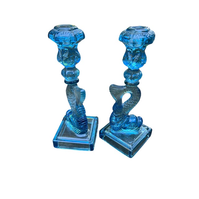 Figurative Vintage Metropolitan Museum of Art Imperial Blue Glass Koi Candlesticks - A Pair For Sale - Image 3 of 4