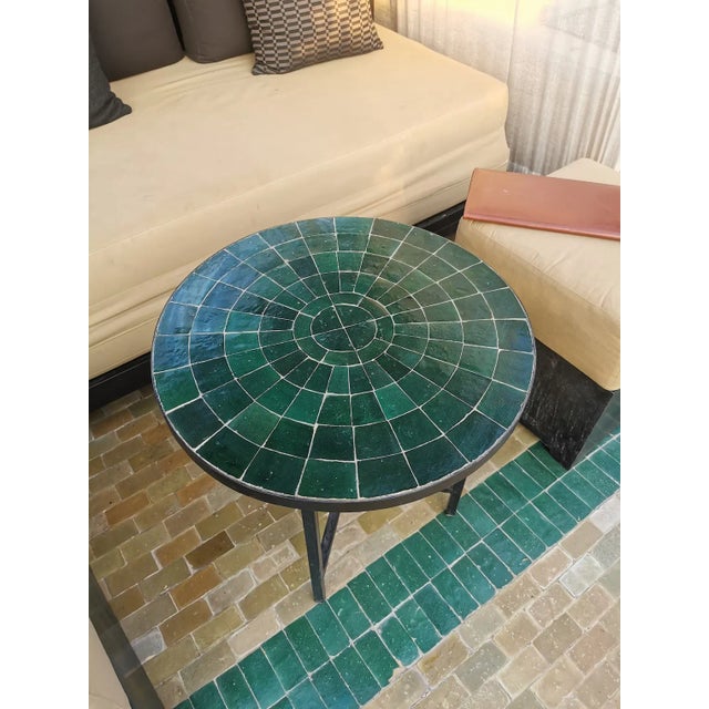 Moroccan Khdedra' Decoritave Green Round Table With Mosaic Artwork For Sale - Image 3 of 6