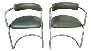 Modern Bauhaus Armchairs in Chromed Steel and Green Leather, Switzerland, 1970s, Set of 2