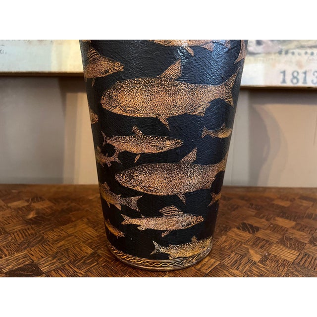 Vintage English Planter Jardiniere Urn Fish Decoupage Black Tole Lodge Décor For Sale - Image 9 of 18