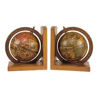 Vintage Traditional Italian Old World Globe Walnut Library Bookends - A Pair For Sale