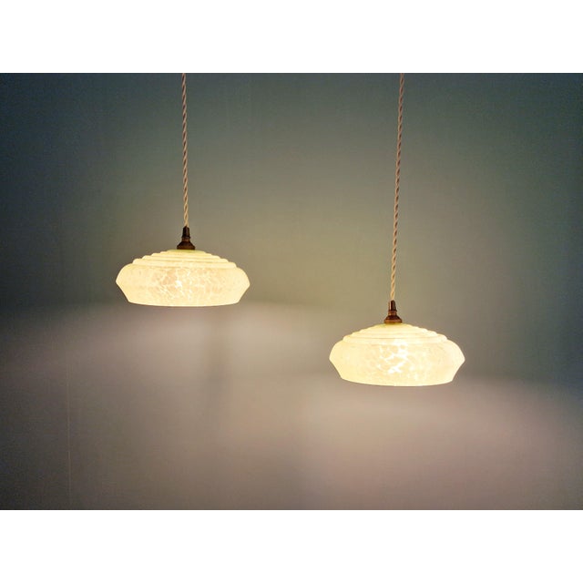 1930s Art Deco Pendant Lights in Speckled Glass, 1930s, Set of 2 For Sale - Image 5 of 12