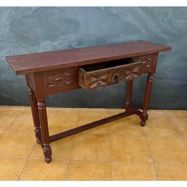 Spanish Renaissance Revival Carved Oak Console Table with Drawer, 1950s For Sale - Image 6 of 10