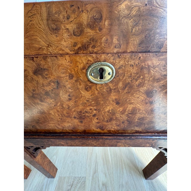 Pair of English Campaign Style Burl Wood Side Tables / Chests / Trunks on Stands – Anglo-Asian Influence, Chicago Merchandise Mart 1991 For Sale - Image 9 of 11