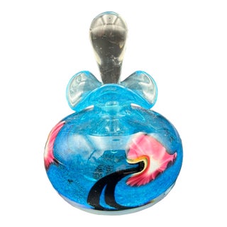 Signed Hand‑Blown Studio Art Glass Perfume Bottle – Blue Swirl With Clear Stopper For Sale