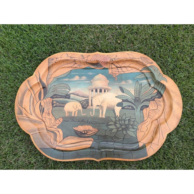 Chinoiserie Vintage Hand-Painted Elephant & Indian Landscape Decorative Serving Tray For Sale - Image 3 of 12