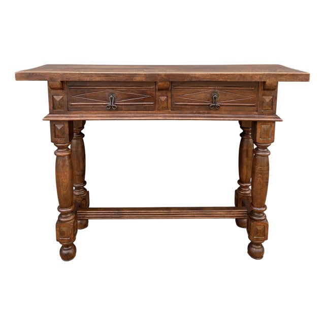 Spanish Renaissance Console Table with Drawers and Turned Legs, 1920s For Sale