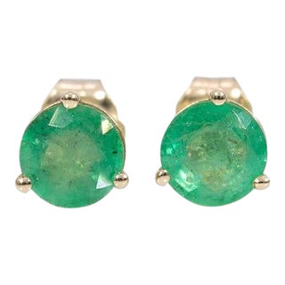 Zambian Emerald Martini Solitaire Stud Earrings in Solid 14k Gold, Round 5mm, Pair For Sale