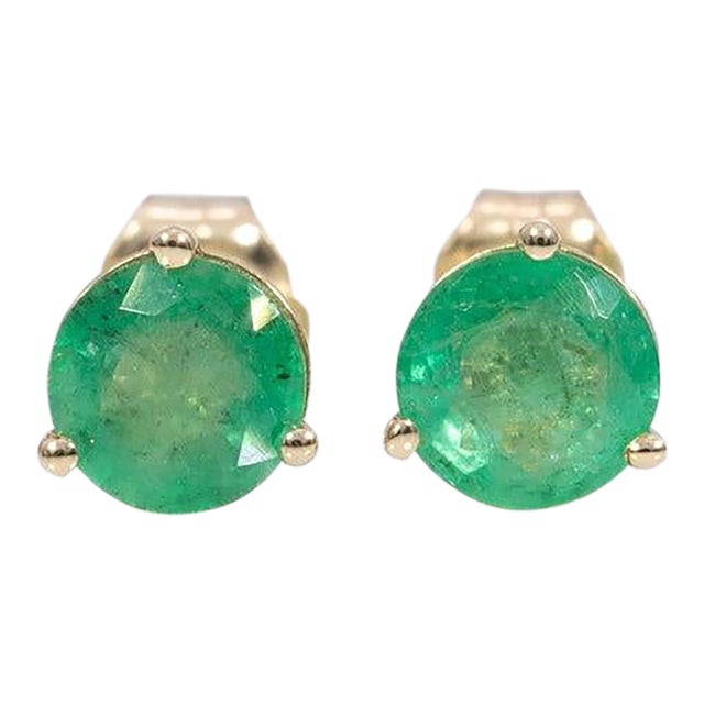 Zambian Emerald Martini Solitaire Stud Earrings in Solid 14k Gold, Round 5mm, Pair For Sale