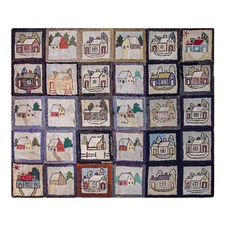 1880s Multicolor Geometric Antique American Hooked Rug 4' 11" X6' Handknotted Wool Carpet For Sale