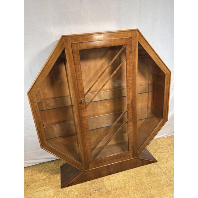 Art deco vintage brocante walnut hexagonal display cabinet – 1920–1930. Striking geometric design|elegant display...