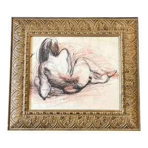 1970’s Vintage Female Nude Charcoal/Ink/Crayon Original Drawing Ornate Vintage Frame