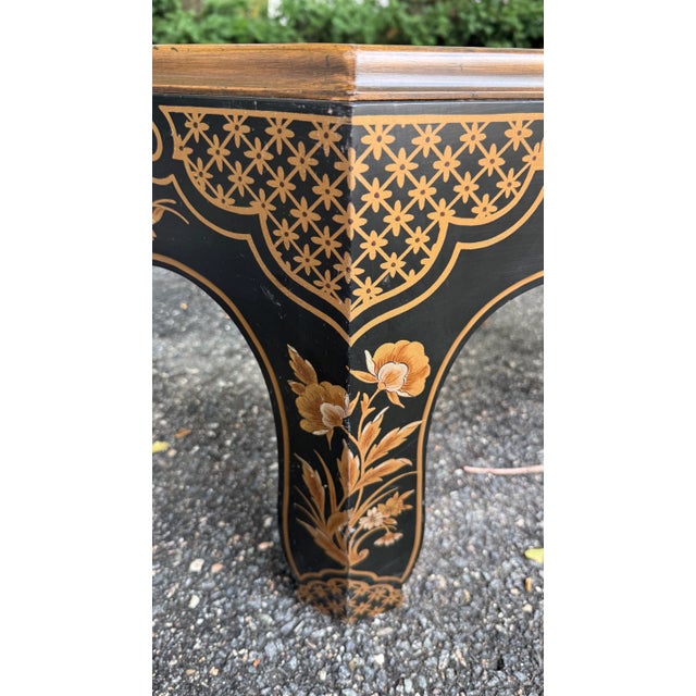 1980s Vintage Baker Furniture Chinoiserie Octagonal Glass-Top Coffee Table With Floral Hand-Painting For Sale - Image 10 of 12