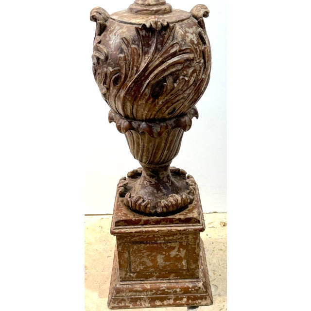 Pair of Italian Baroque Style Carved & Polychromed Wood Urns, Now as Lamps For Sale - Image 17 of 18