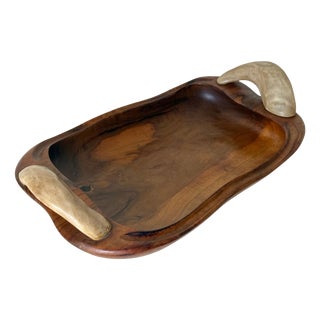 Spanish Olive Wood Centerpiece Bowl with Cow Horn Handles, 1960s For Sale