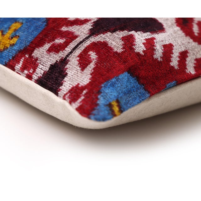 2020s Hand-Knotted Silk Velvet Ikat Lumbar Pillow - 16x24 Ruby & Azure Multi For Sale - Image 5 of 8