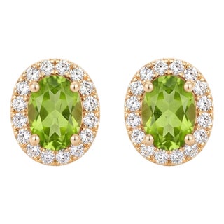 Natural Oval Peridot Halo Earrings | August Birthstone Studs | Dainty Floral Cluster Earrings - A Pair For Sale