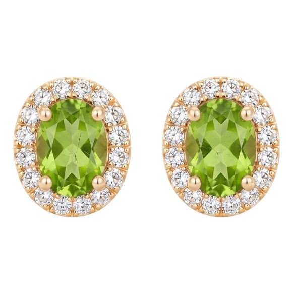 Natural Oval Peridot Halo Earrings | August Birthstone Studs | Dainty Floral Cluster Earrings - A Pair For Sale