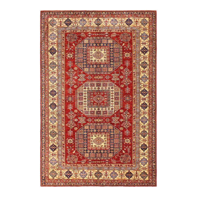1990s Vintage Kazak Red/Tan Wool Rug - 6'8'' X 9'11'' For Sale