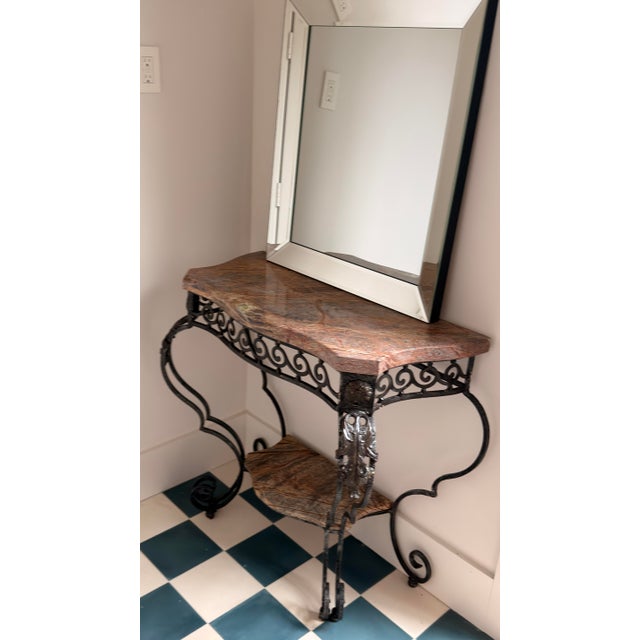 French 1980s Louis XVI Style Cast Metal Console Table With Breccia Marble Top For Sale - Image 3 of 9