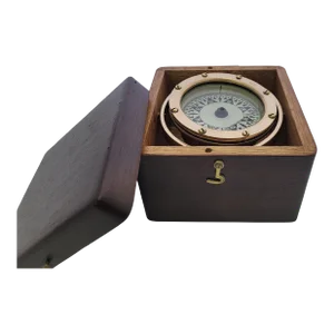 Brass Boat Compass in Varnished Wood Box